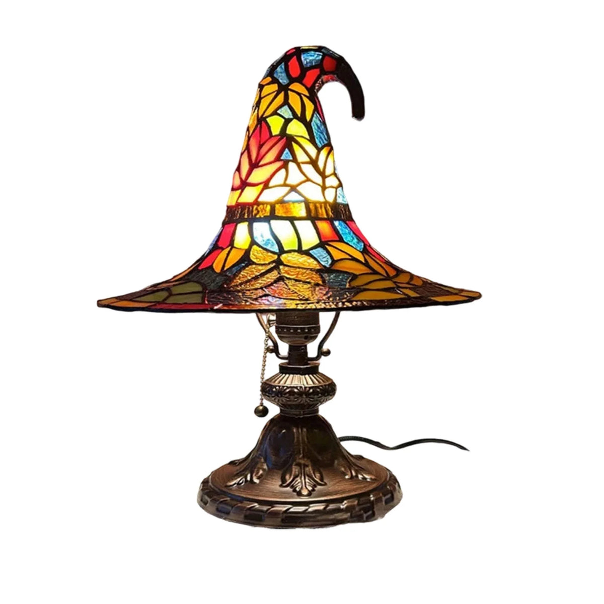 Stained Glass Witch Hat Lamp, Halloween Decoration Pink Purple Ghost Moon Small Tiffany Lamp, Gothic Indoor Halloween Table Decor Night Light - 11 Inch