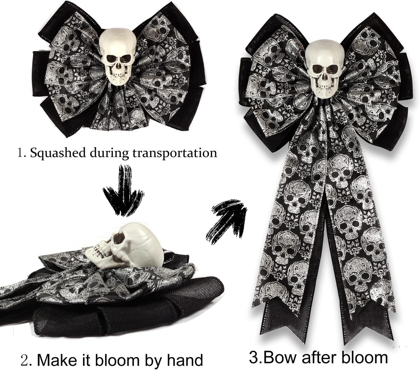 Skull Gothic Decor,Halloween Bows for Wreaths Decorations, Halloween Tree Topper Bow, Decorative Bow with Skull Glitter Silver Black Burlap for Fall Home Front Door Outdoor