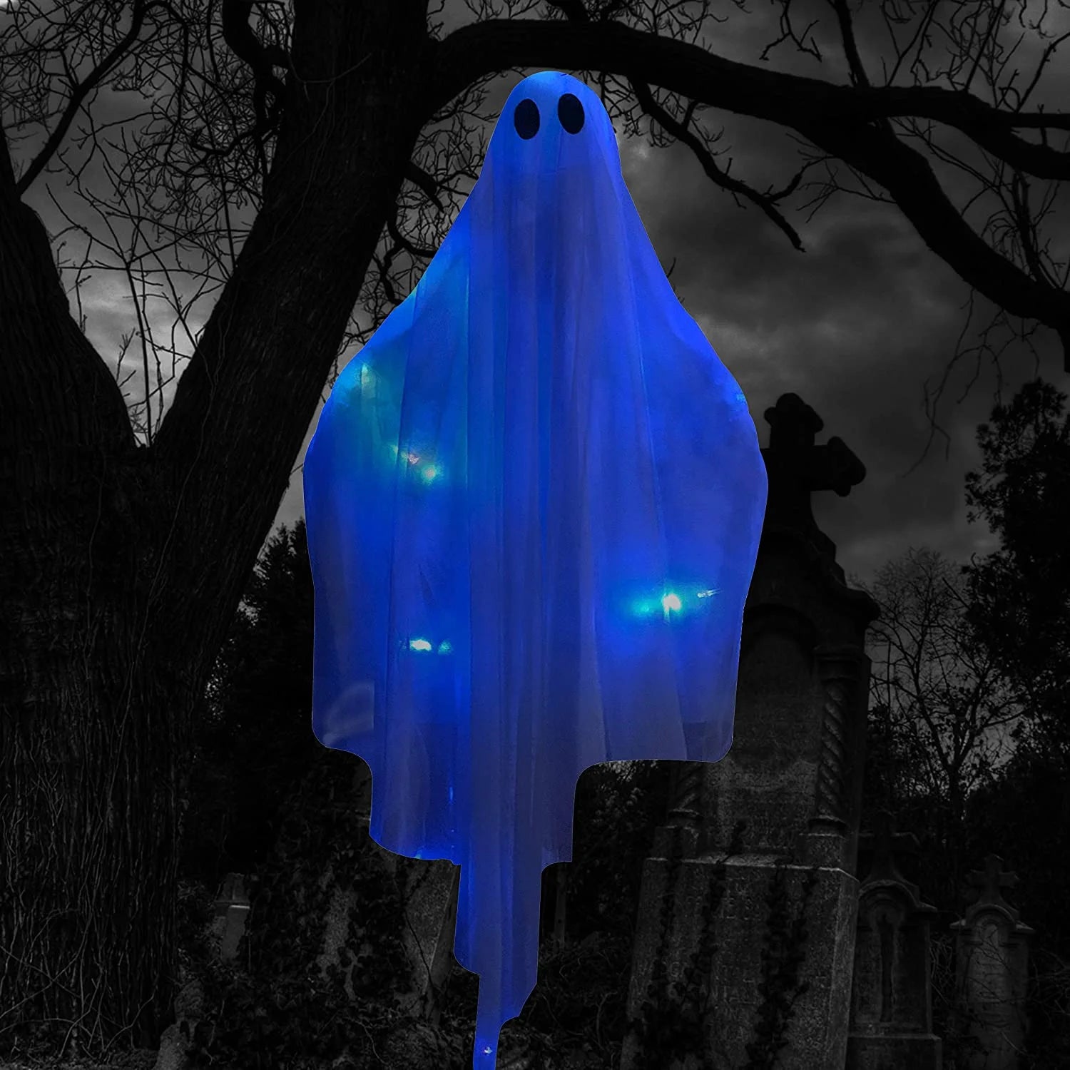 Ayieyill Halloween Ghost Decor with Blue LED Light, 47” Light up Hanging Ghost Halloween Yard Porch Decorations Outdoor