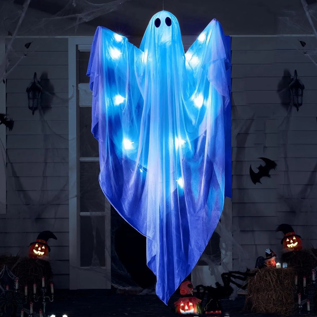 Ayieyill Halloween Ghost Decor with Blue LED Light, 47” Light up Hanging Ghost Halloween Yard Porch Decorations Outdoor