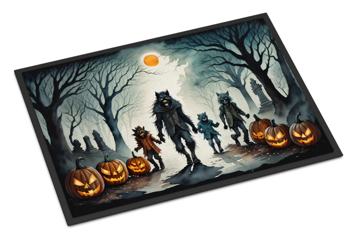 A werewolf-themed Halloween doormat displayed at a seasonal entryway