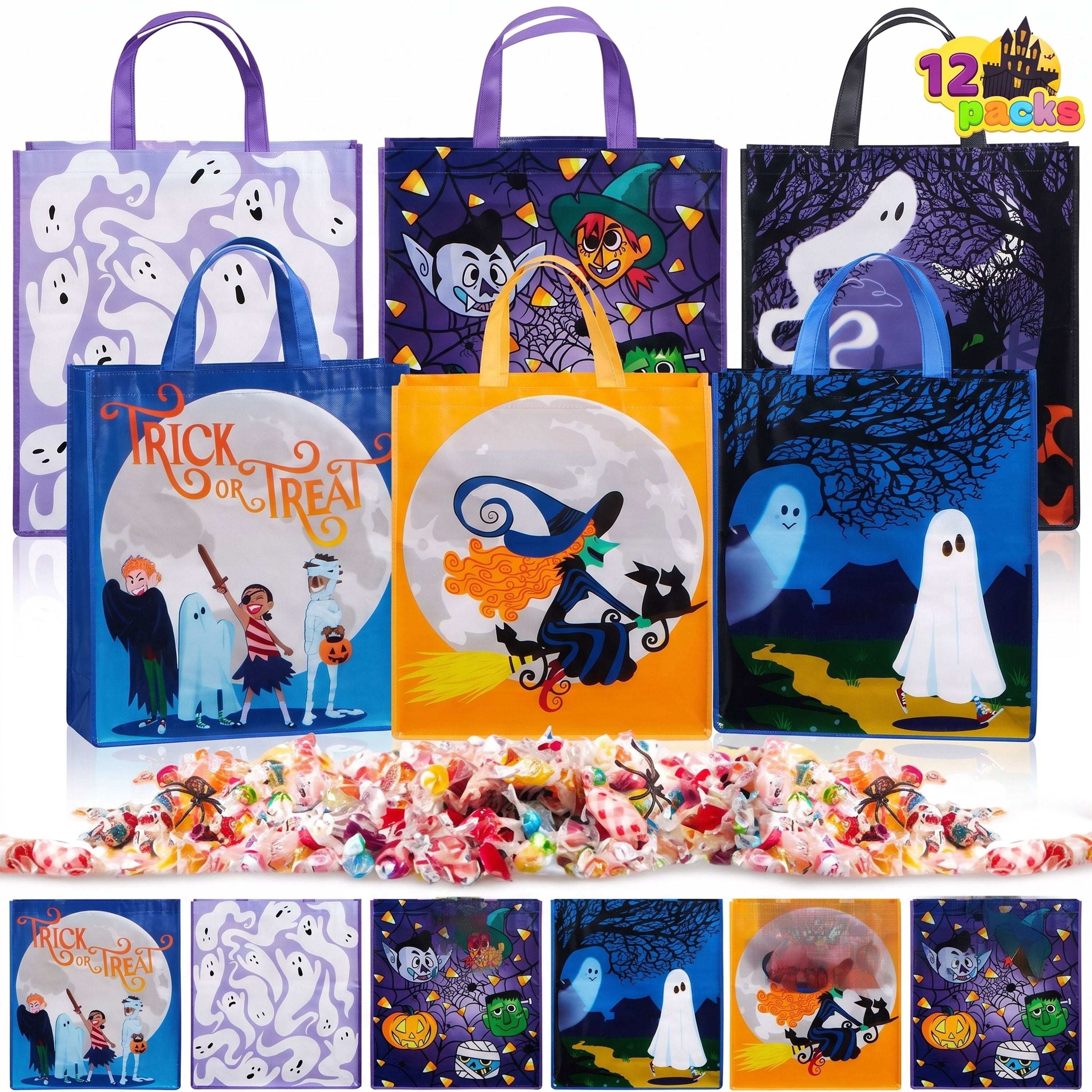 Joyfy 24 Pcs Halloween Goodie Bags with Handles, Paper Trick or Treating Gift Bag Bulk in 6 Designs for Halloween Treat Party Favor , Halloween Colored Candy Bags for Party Supplies