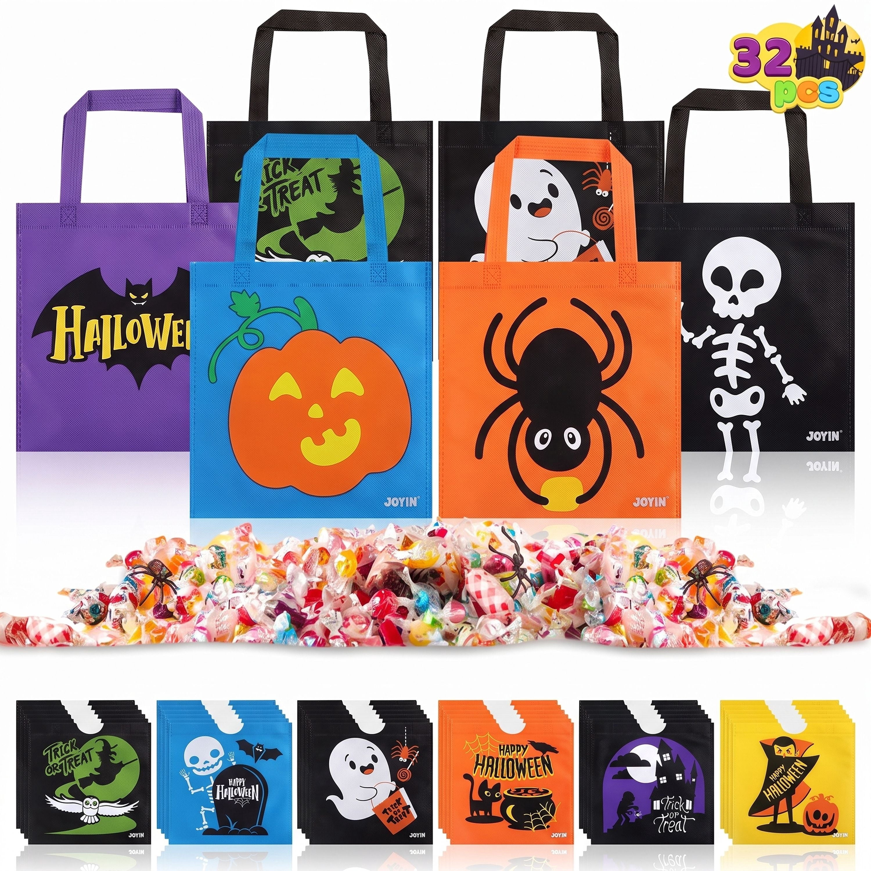 Joyfy 24 Pcs Halloween Goodie Bags with Handles, Paper Trick or Treating Gift Bag Bulk in 6 Designs for Halloween Treat Party Favor , Halloween Colored Candy Bags for Party Supplies