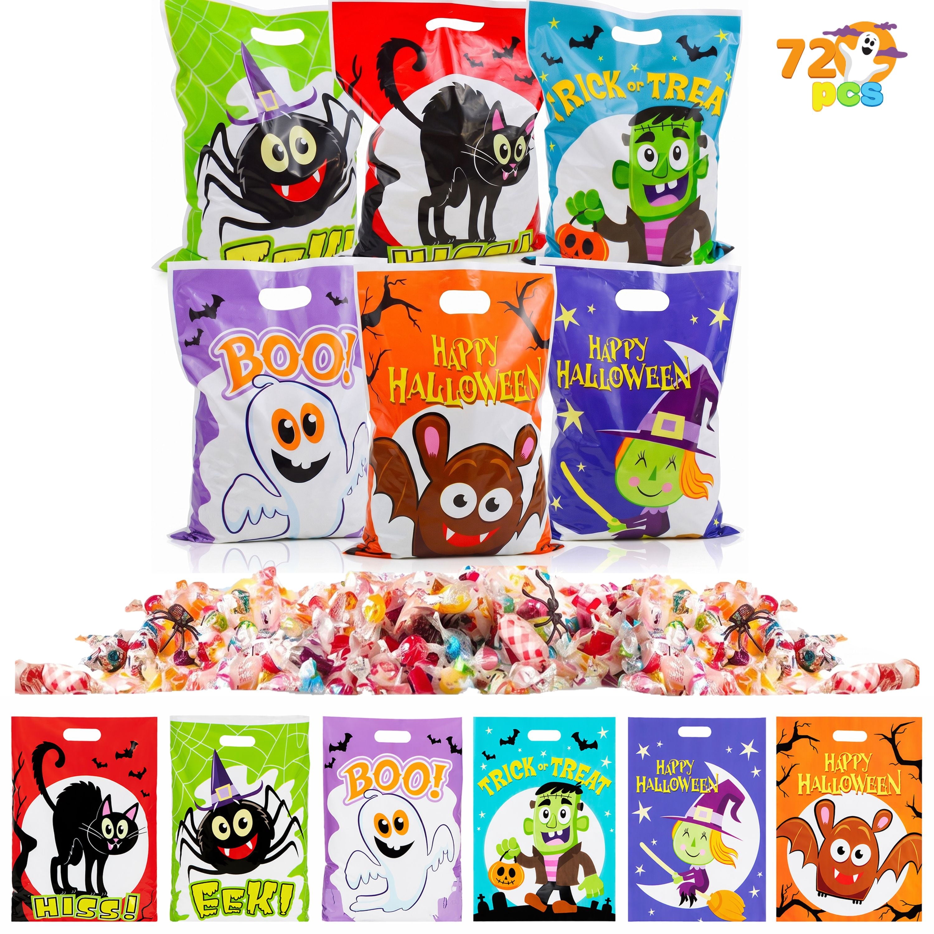Joyfy 72 Pcs Halloween Trick or Treat Bags Large Halloween Treat Bags for Kids,Halloween Plastics Pumpkins Bags Orange Treat Bags Gift Bags