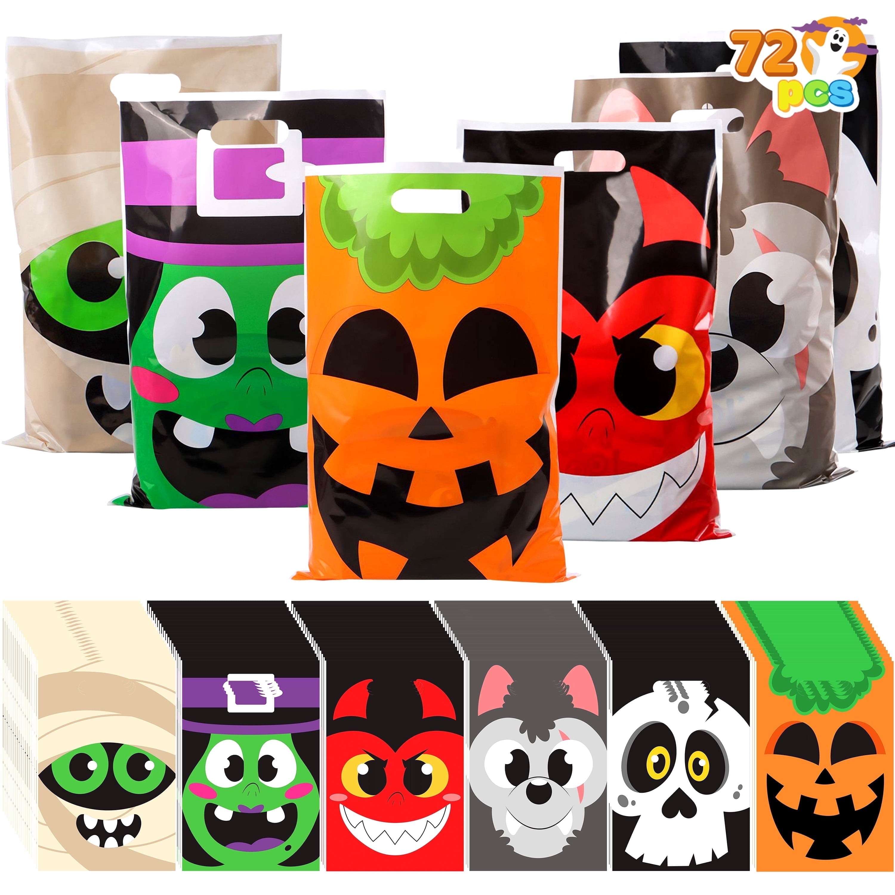 Joyfy 72 Pcs Halloween Trick or Treat Bags Large Halloween Treat Bags for Kids,Halloween Plastics Pumpkins Bags Orange Treat Bags Gift Bags