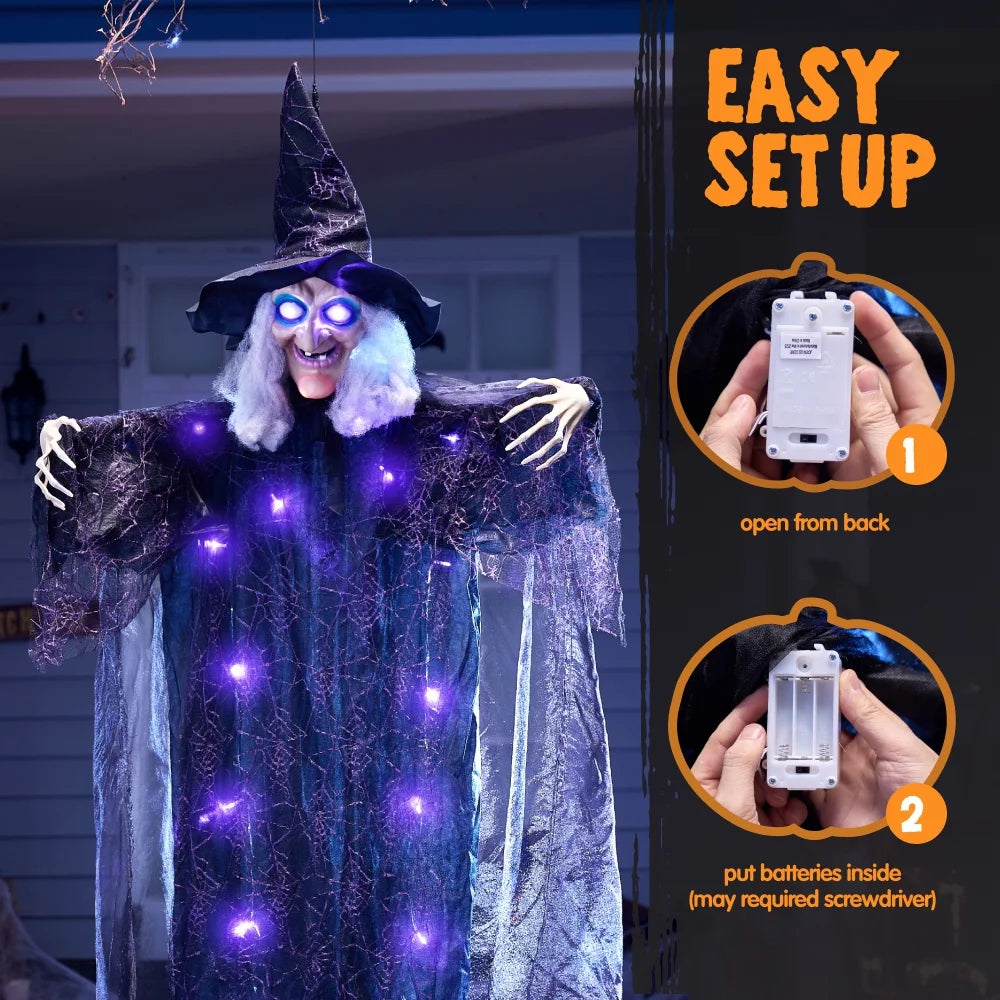 Joyfy 6Ft Halloween Witch Decoration,Outdoor Scary Halloween Animatronic Hanging Witch with Light up Eyes and Sound Decoration for Halloween Outdoor