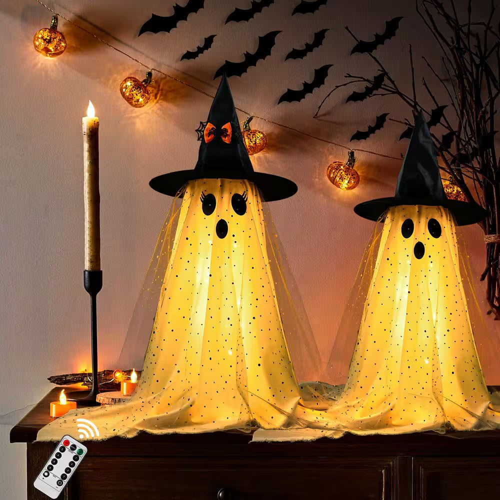 2-Piece 23.6 In. Halloween Spooky Ghost with String Lights and Remote Control, Battery Operated Halloween Table Decor