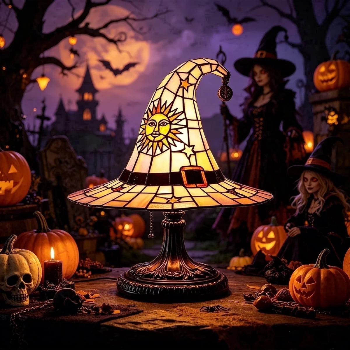 Halloween Witch Hat Table Lamp, Stained Glass Style Jack O Lantern Night Light Ghost Decor Skull Nightlight for Indoor Home Office Table Mantel Shelf Party Supply