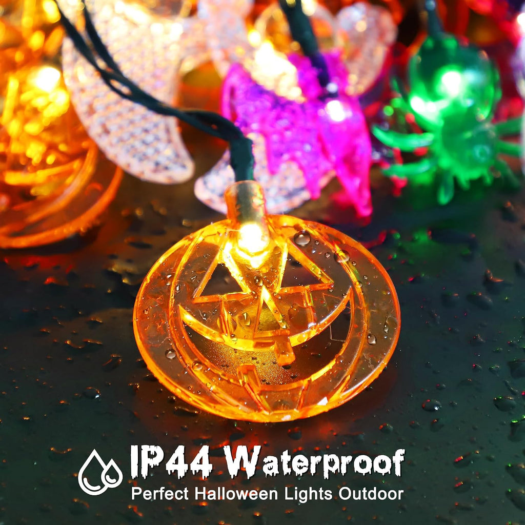 Solar Halloween Lights Outdoor 23.3Ft 40Leds Halloween Decorations Lights, 8 Modes Maple Leaf Pumpkin Ghost Spider Bat Light Solar Powered Halloweens String Light Outside