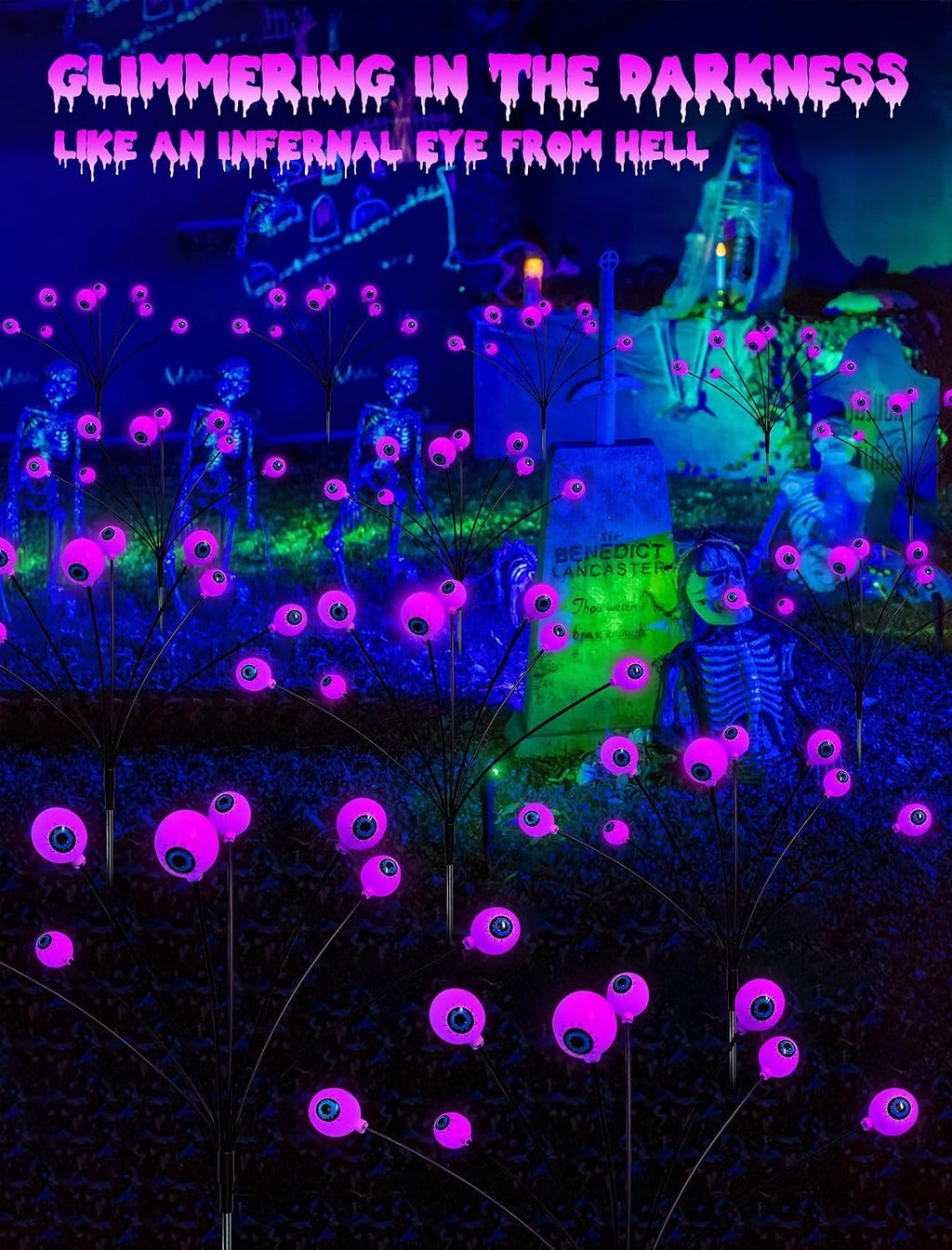Solar Halloween Lights Outdoor Decorations - 4 Pack 32 LED Solar Eyeball Lights for Yard, Scary Eyeballs Halloween Light for Outside, Pathway, Walkway, Landscape, Garden, Party Decor (Purple)