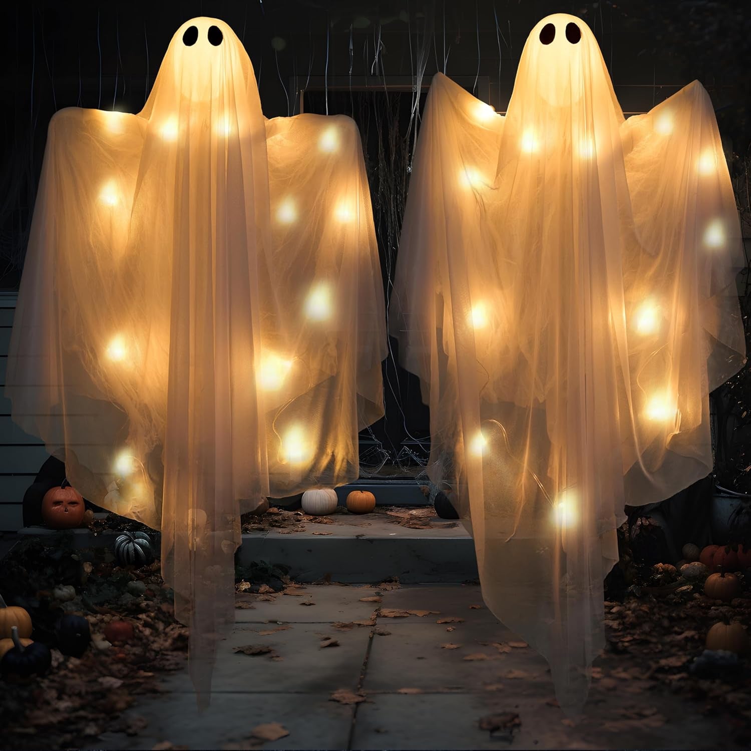 2 Pcs 47” Halloween Light up Hanging Ghost Decorations Outdoor, Halloween Flying Hanging Ghosts with Warm LED Lights and Timer for Haunted House Prop Front Yard Patio Party Decor Indoor Outdoor