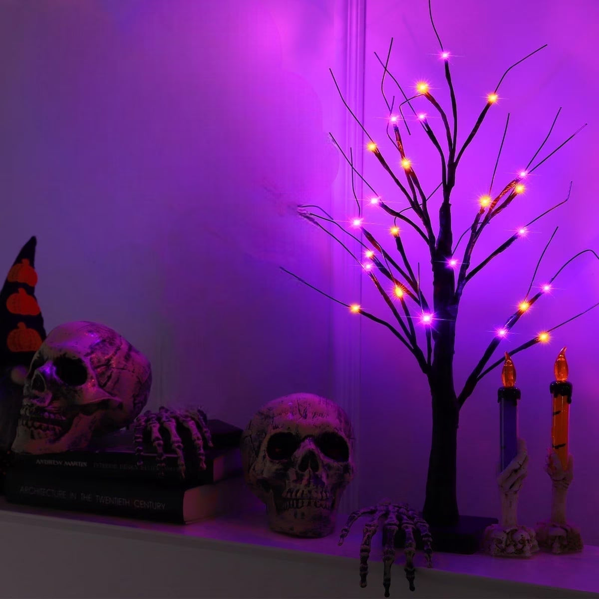 TETOU 1Pc-24Inch Halloween Birch Tree Decorations with Timer,Total 24 LED Battery Operated Tabletop Artificial Black Spooky Tree Hallowe'En Decorations for Indoor Home Holiday Party-Purple
