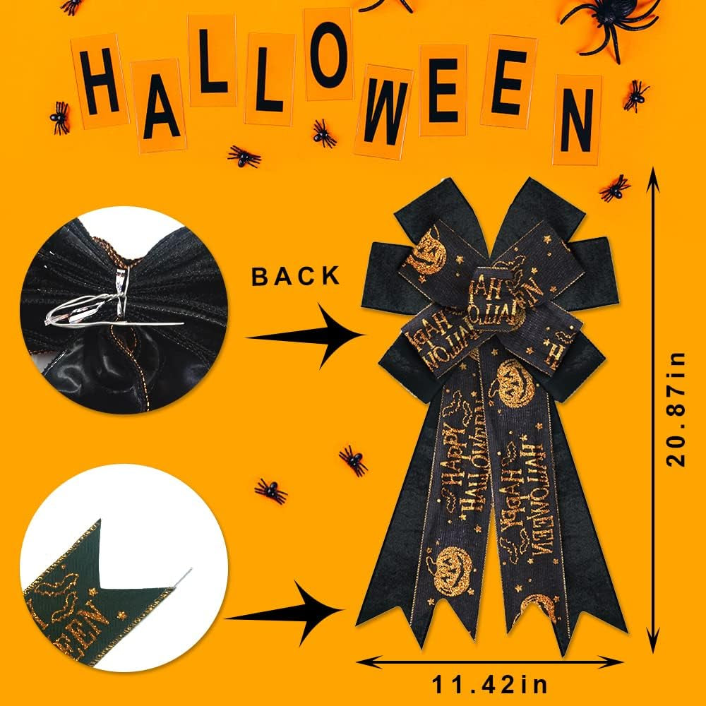 Large Halloween Bows for Wreath, Black Velvet Wreath Bows Halloween Orange Glitter Pimpkin Bat Star Bows for Front Door, Black Burlap Ornament Tree Topper Bows for Halloween Indoor Outdoor Decor