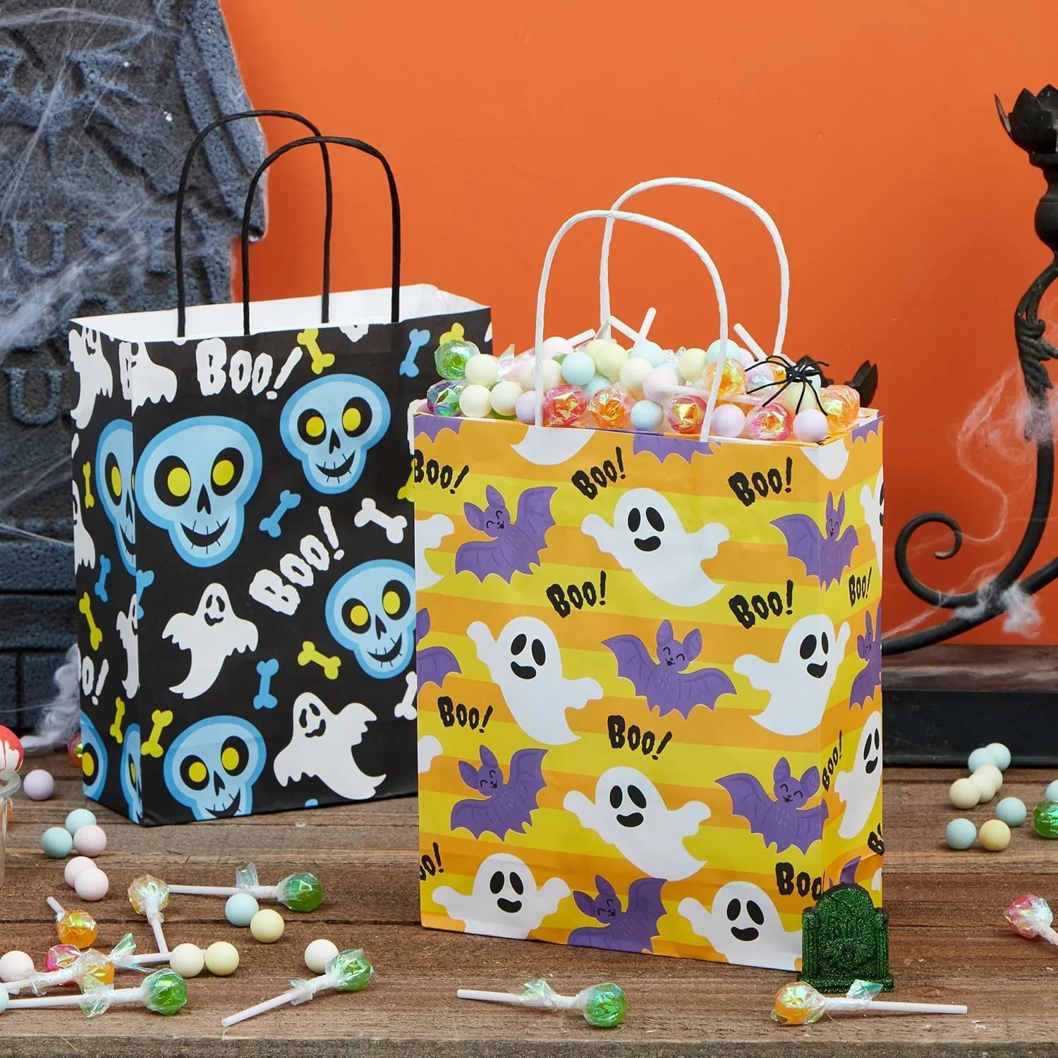 Joyfy 24 Pcs Halloween Goodie Bags with Handles, Paper Trick or Treating Gift Bag Bulk in 6 Designs for Halloween Treat Party Favor , Halloween Colored Candy Bags for Party Supplies