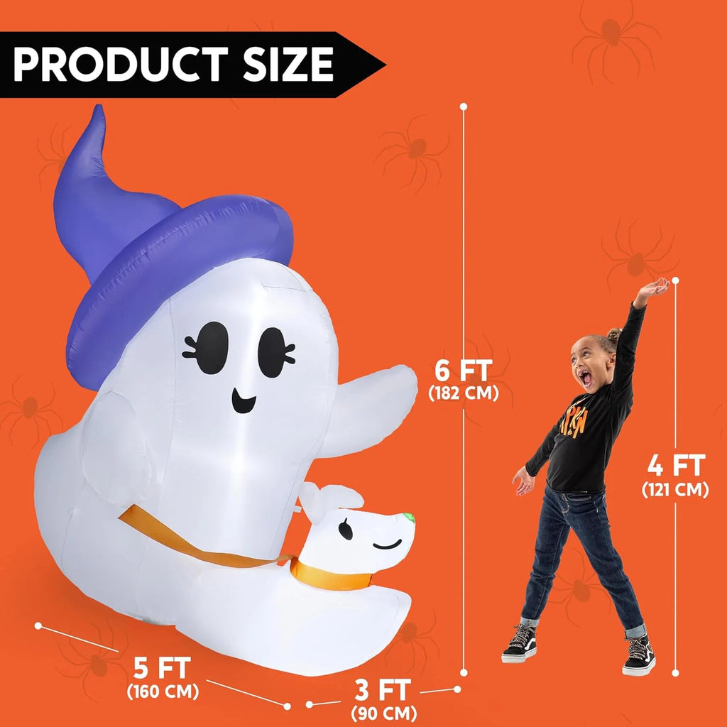 Joyfy 6 Ft Halloween Inflatable Ghost Walking Dog,Cute White Blow up Decor with LED Lights,Outdoor Yard Decoration for Garden,Lawn,Party