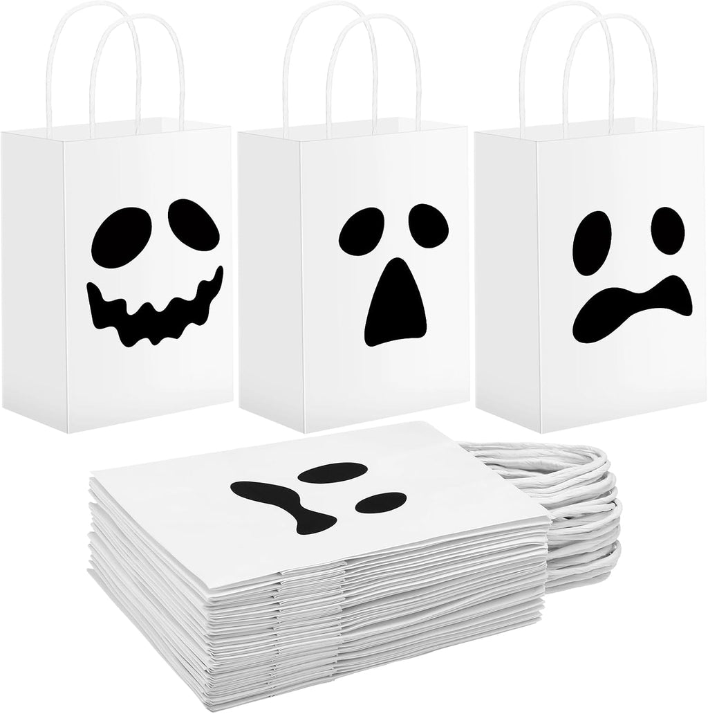 24 Pieces Ghost Halloween Treat Bags Halloween Paper Gift Goodie Bags with Handles for Candy Party Favor Supplies(White,Classic Style)