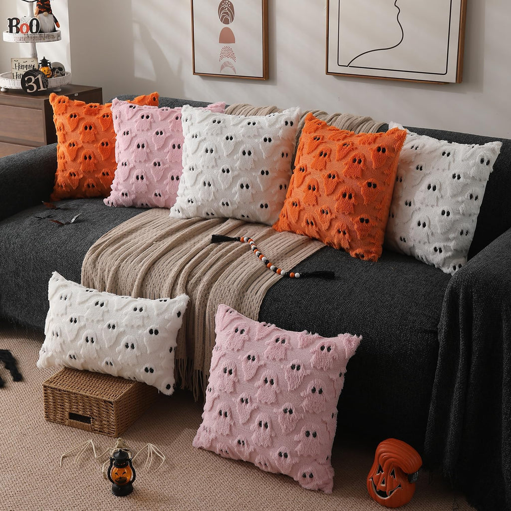 Halloween Pillow Covers 18X18 Inch 2Pcs Orange Ghost Halloween Decor