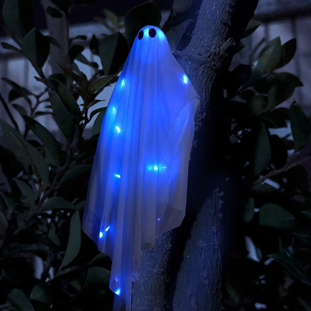 Ayieyill Halloween Ghost Decor with Blue LED Light, 47” Light up Hanging Ghost Halloween Yard Porch Decorations Outdoor