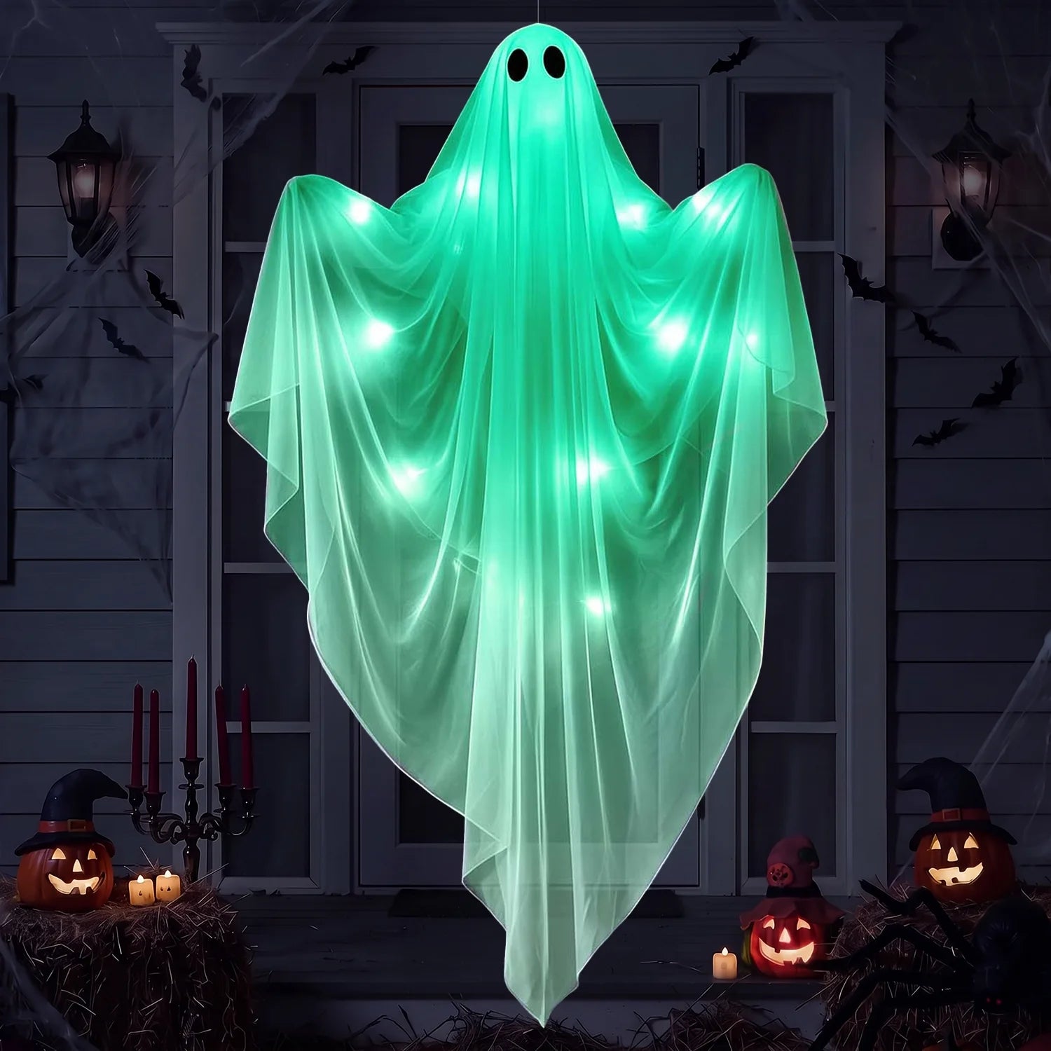 Ayieyill Halloween Ghost Decor with Blue LED Light, 47” Light up Hanging Ghost Halloween Yard Porch Decorations Outdoor