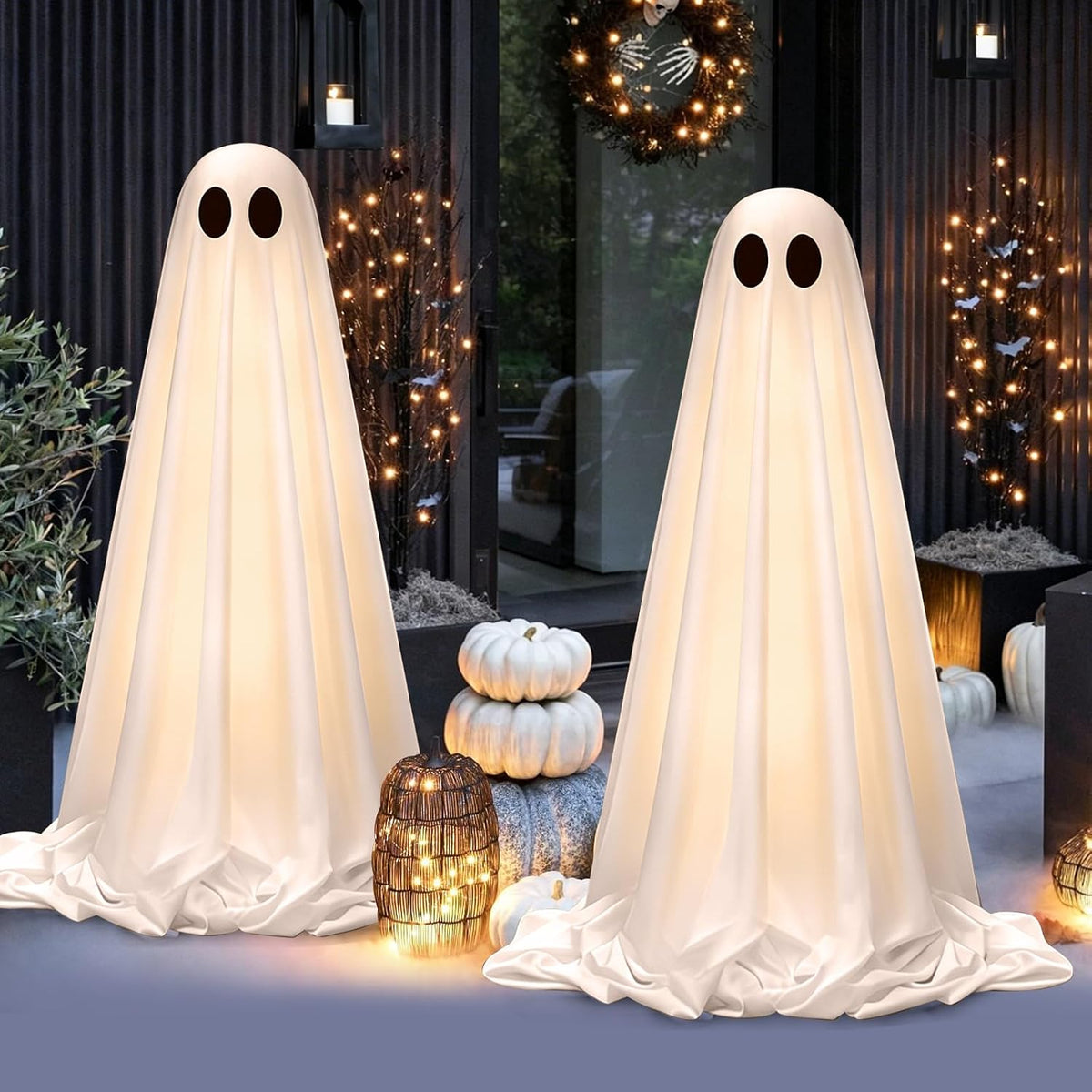 Halloween Decorations Outdoor Indoor, 2 Pack Light up Cute Ghost Decoration, Spooky DIY Standing Decor Set with Small Accessories for Front Yards, Gardens, Porch, Lawn and Party