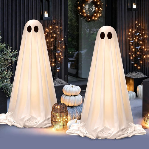 Halloween Decorations Outdoor Indoor, 2 Pack Light up Cute Ghost Decoration, Spooky DIY Standing Decor Set with Small Accessories for Front Yards, Gardens, Porch, Lawn and Party