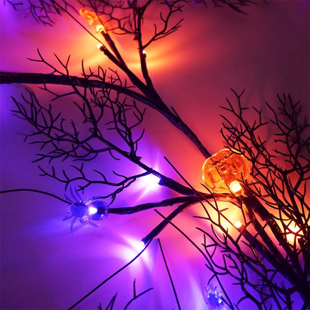 Halloween Decor Lights 8.86FT 72 LED Willow Vine Twig with Timer Battery Operated Garland Lights with Orange Pumpkins Purple Spiders and Black Dead Branches Indoor Halloween Decorations for Home