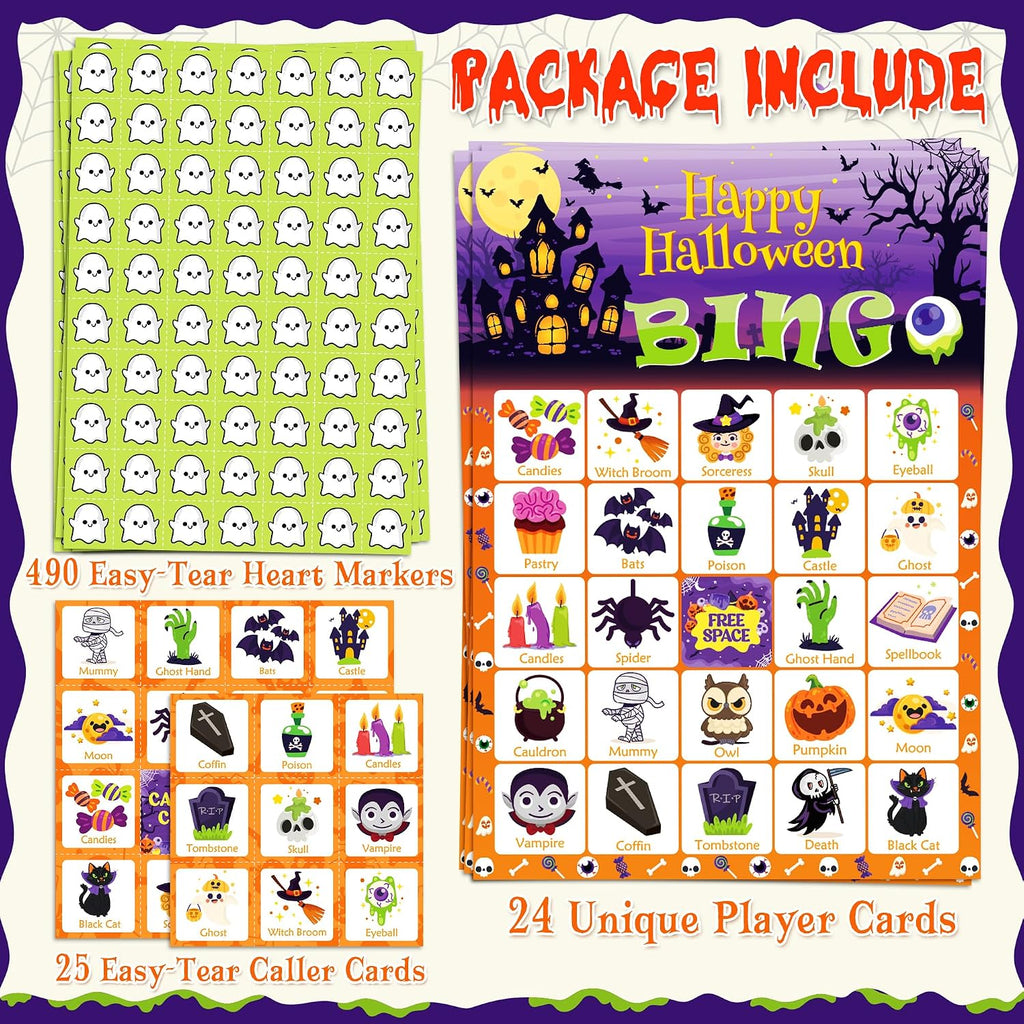 Halloween Games - Halloween Bingo for Kids | Halloween Party Favors - 24 Players Halloween Toys Gifts Party Supplies | Halloween Crafts Accessories Treats Activities for Family