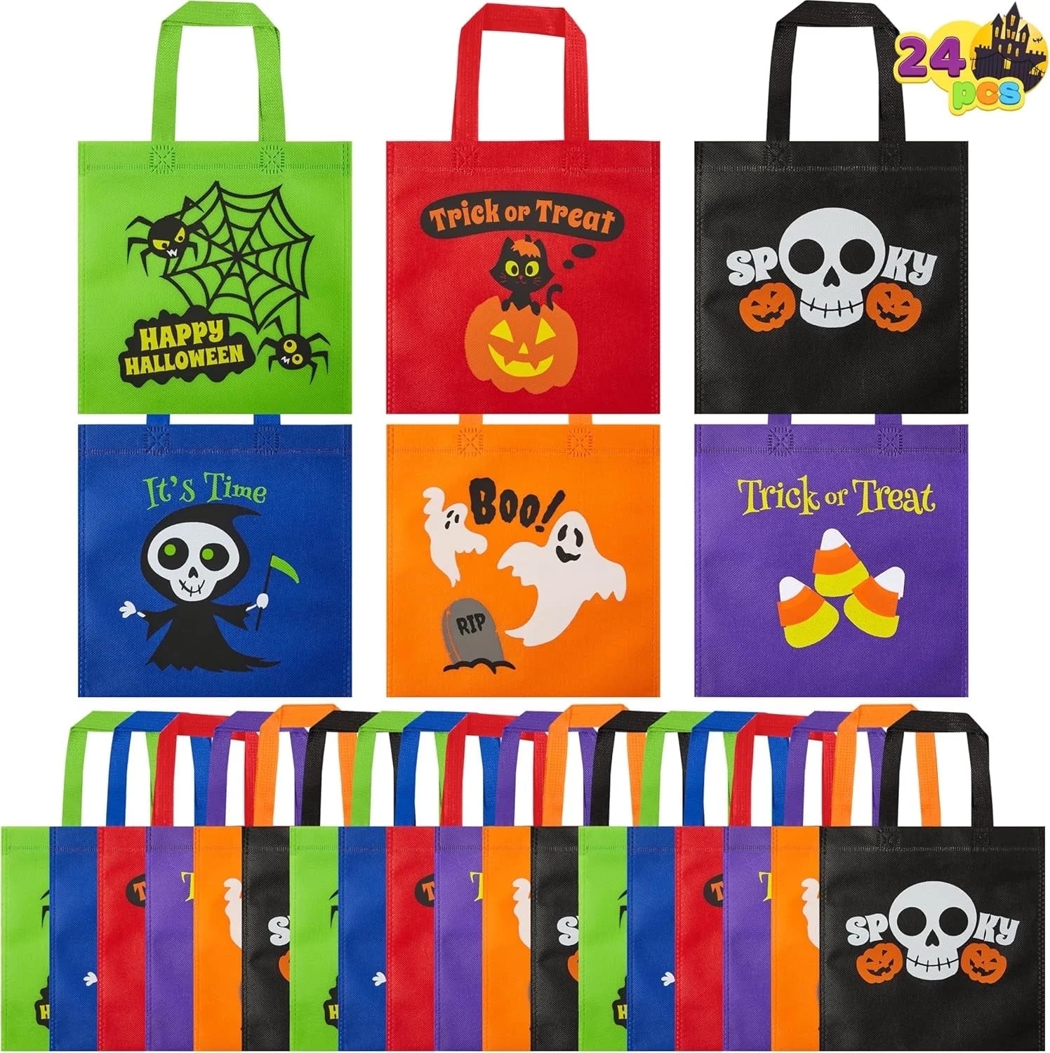 Joyfy 24 Pcs Halloween Goodie Bags with Handles, Paper Trick or Treating Gift Bag Bulk in 6 Designs for Halloween Treat Party Favor , Halloween Colored Candy Bags for Party Supplies