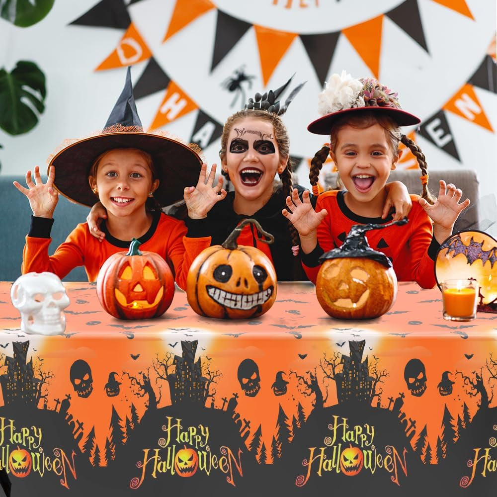 Halloween Tablecloth, Halloween Decorations, 2PCS Disposable Halloweens Plastic Tablecloth Rectangle, 108" X 54" Orange Castle Witches Table Cover Table Decor for Halloweens Party Decorations Supplies