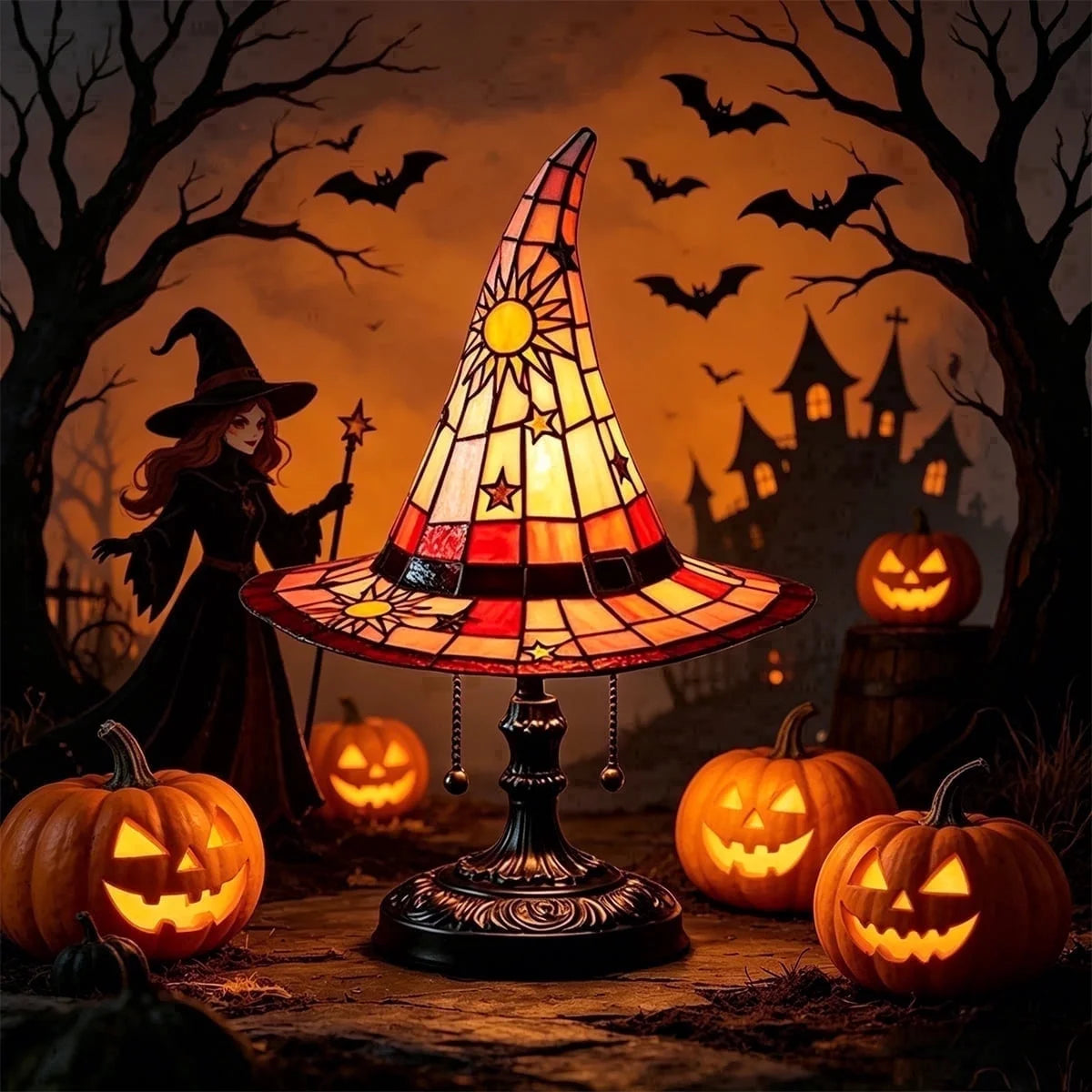 Halloween Witch Hat Table Lamp, Stained Glass Style Jack O Lantern Night Light Ghost Decor Skull Nightlight for Indoor Home Office Table Mantel Shelf Party Supply
