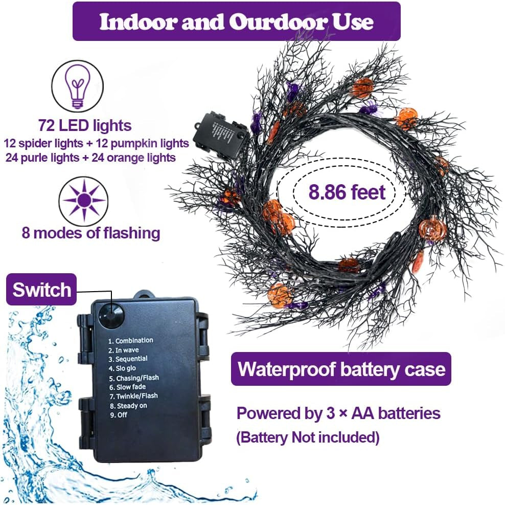 Halloween Decor Lights 8.86FT 72 LED Willow Vine Twig with Timer Battery Operated Garland Lights with Orange Pumpkins Purple Spiders and Black Dead Branches Indoor Halloween Decorations for Home