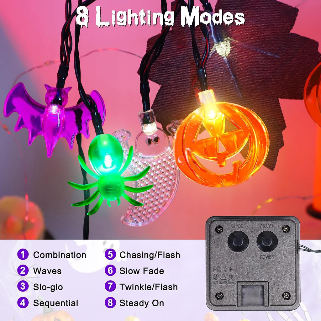 Solar Halloween Lights Outdoor 23.3Ft 40Leds Halloween Decorations Lights, 8 Modes Maple Leaf Pumpkin Ghost Spider Bat Light Solar Powered Halloweens String Light Outside
