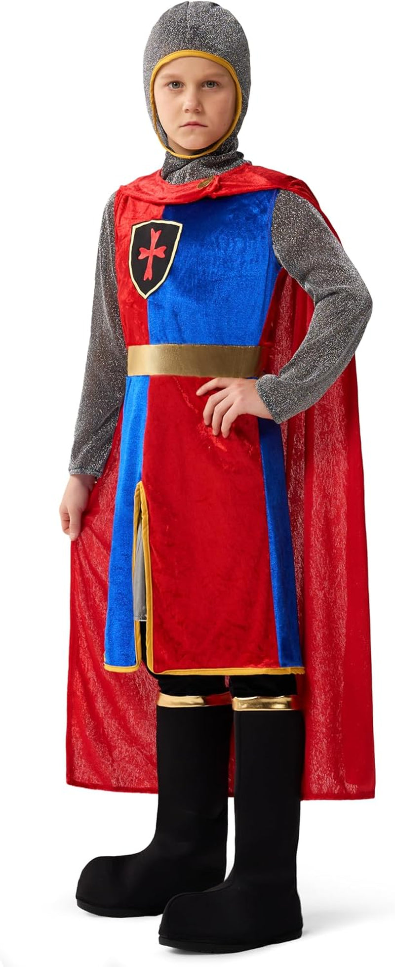 Kids Halloween Costume, Medieval Knight Outfit for Boys, Renaissance Knight Costumes for Halloween Role Play Parties, Red and Blue (Medium(8-10 Yrs))
