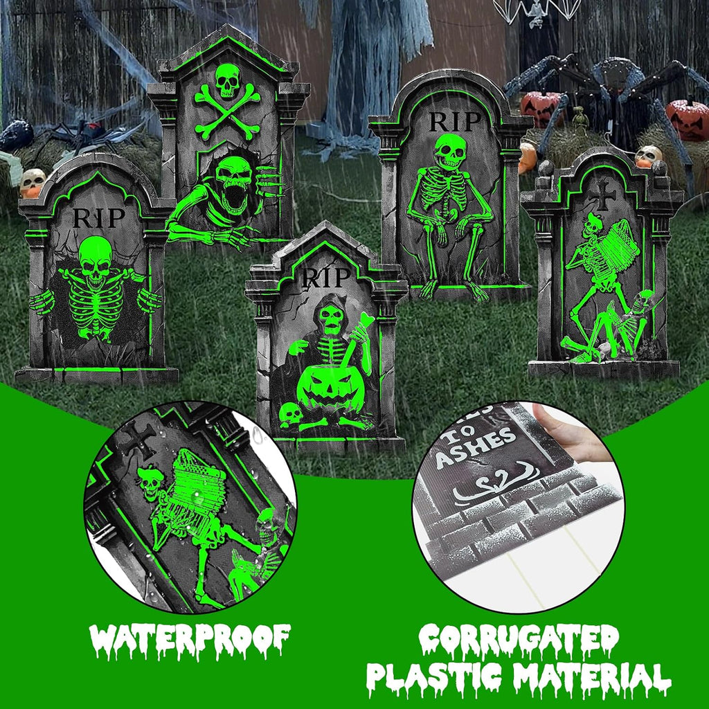 25.2In Halloween Tombstones Outdoor Decor Glow in the Dark - 5PCS Tombstones for Graves Halloween Gravestones Decorations, Spooky Halloweens Decorations Yard Signs for Graveyard Haunted House