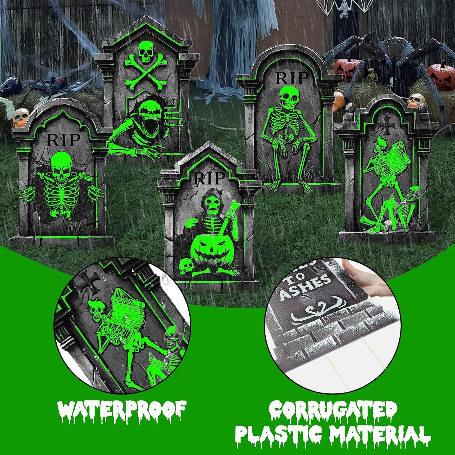 25.2In Halloween Tombstones Outdoor Decor Glow in the Dark - 5PCS Tombstones for Graves Halloween Gravestones Decorations, Spooky Halloweens Decorations Yard Signs for Graveyard Haunted House