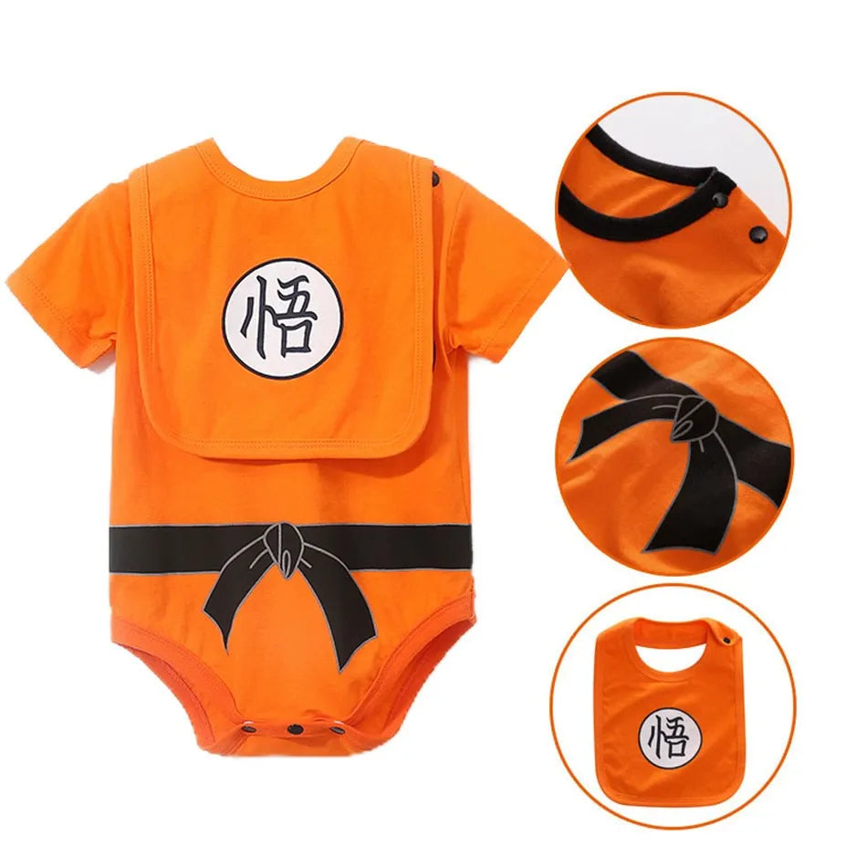 Baby anime romper front view in blue with yellow and white color blocking
