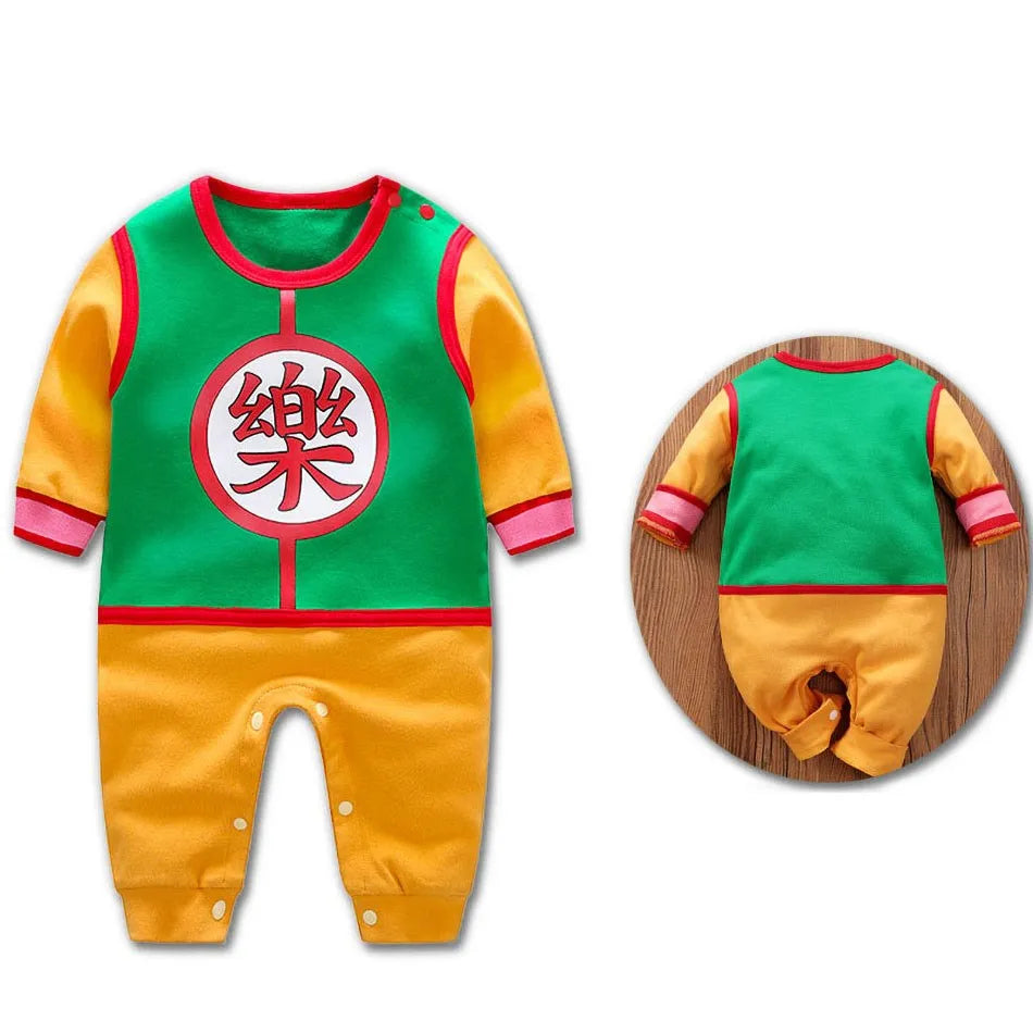 Baby anime romper lifestyle view in green and yellow with printed design