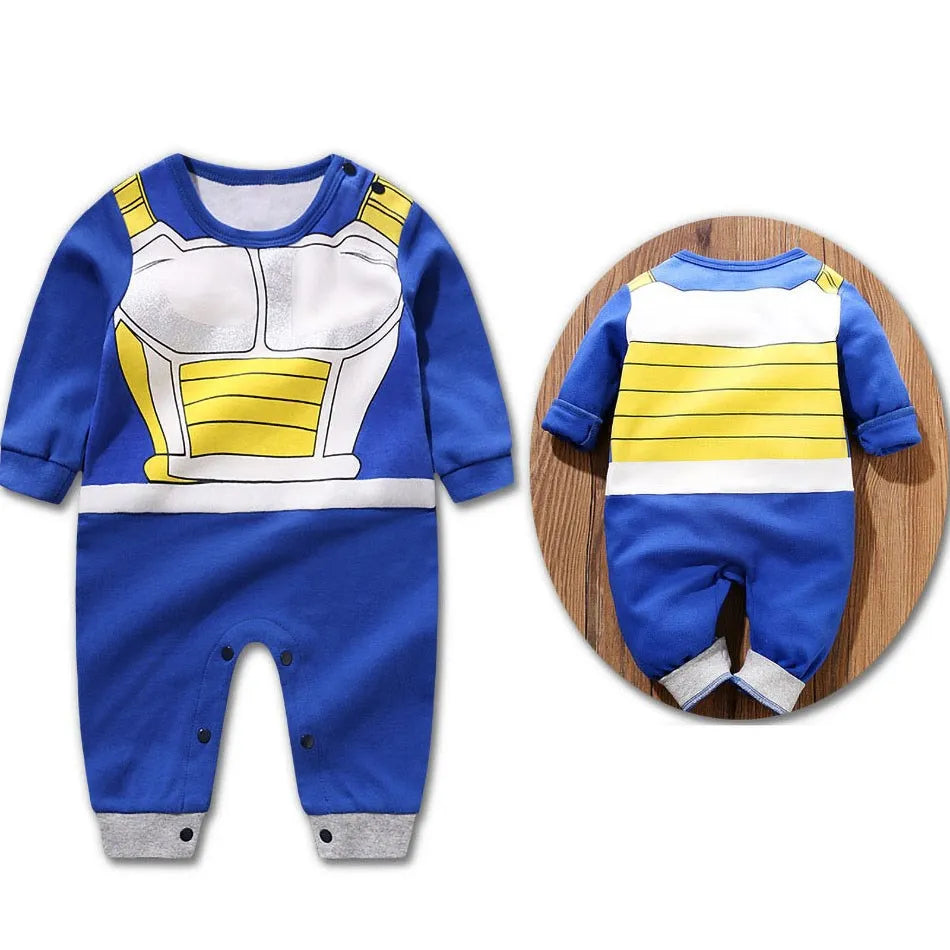 Baby anime romper front view in orange with black belt and logo patch