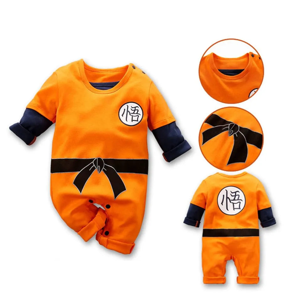 Baby anime romper front view in orange with black belt and logo patch
