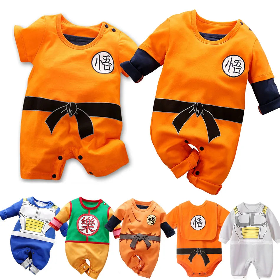 Baby anime romper lifestyle view in orange and black with character design