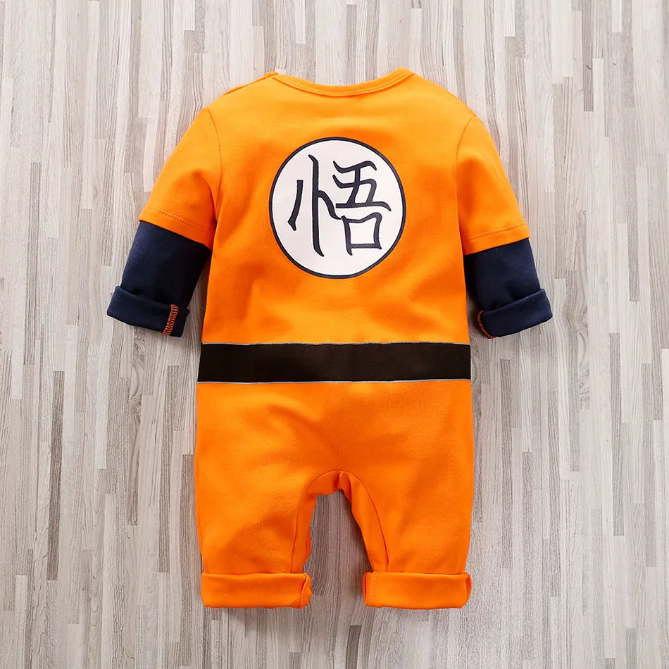 Baby anime rompers front view showing orange, green, and red designs