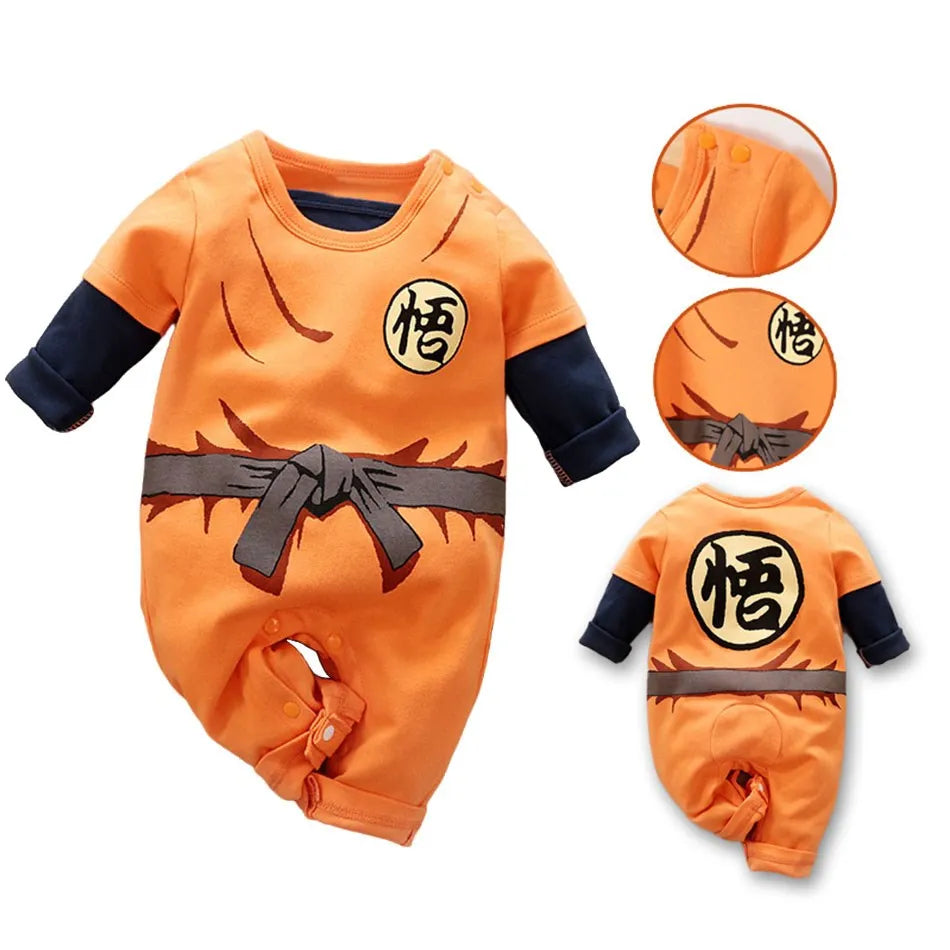 Baby anime romper orange onesie detail with black printed design