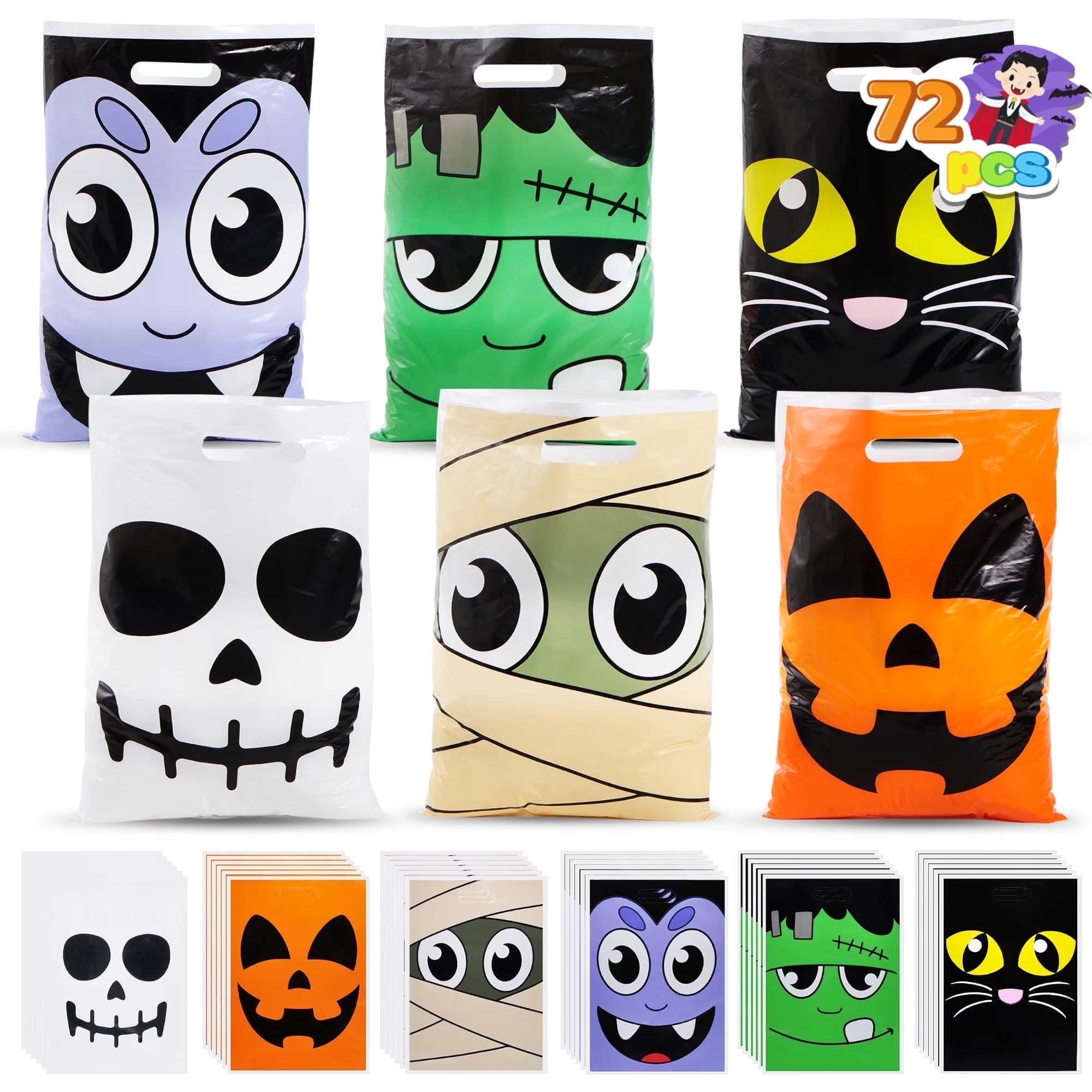 Joyfy 72 Pcs Halloween Trick or Treat Bags Large Halloween Treat Bags for Kids,Halloween Plastics Pumpkins Bags Orange Treat Bags Gift Bags