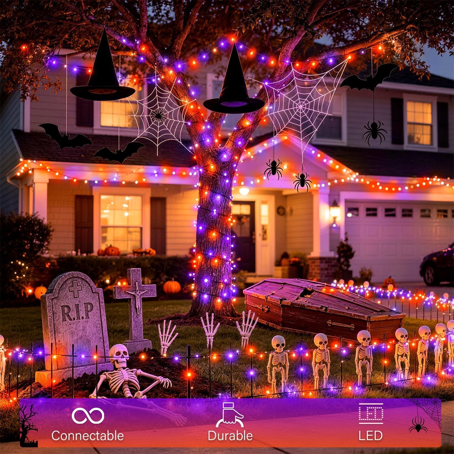250LED Orange and Purple Halloween String Lights Plug In