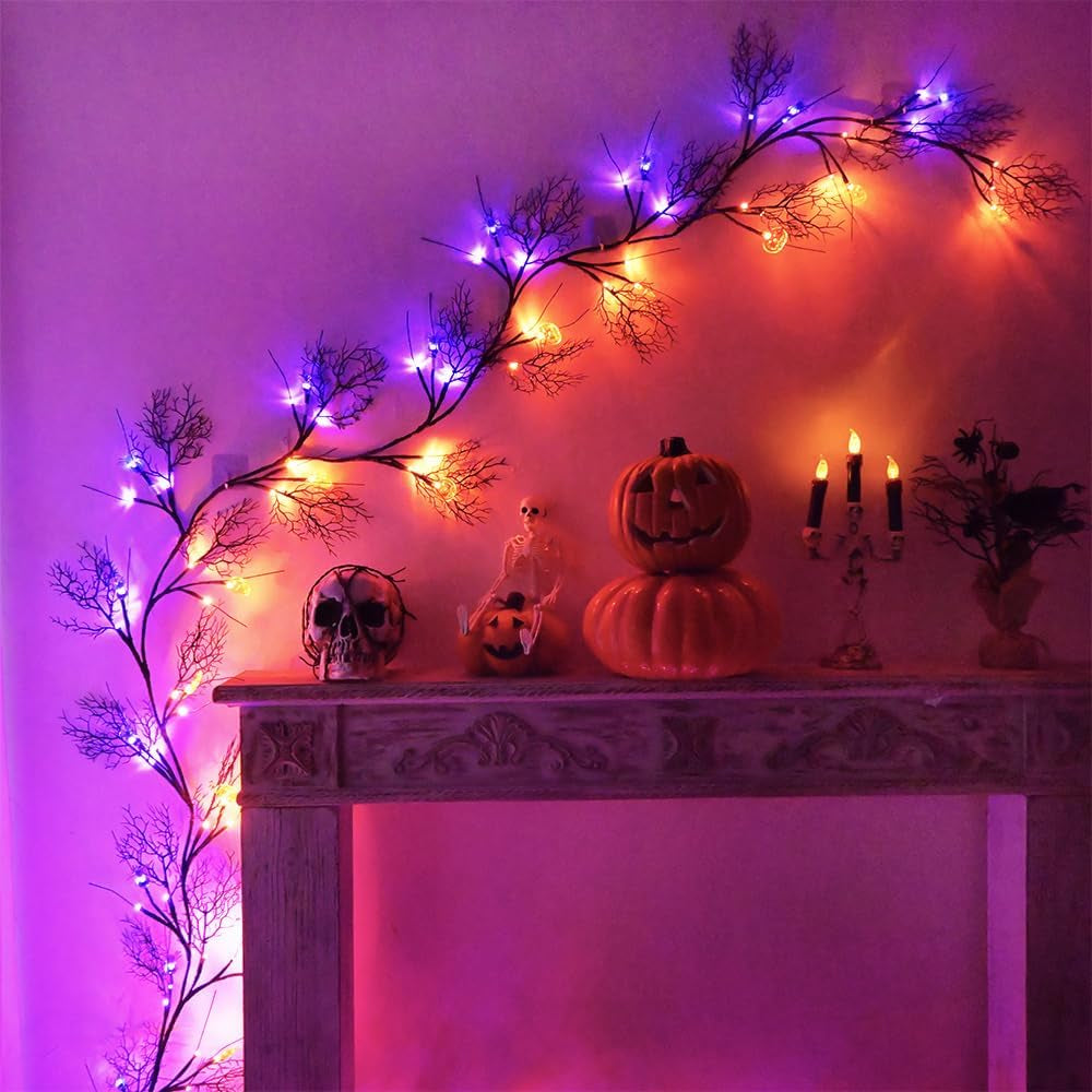 Halloween Decor Lights 8.86FT 72 LED Willow Vine Twig with Timer Battery Operated Garland Lights with Orange Pumpkins Purple Spiders and Black Dead Branches Indoor Halloween Decorations for Home