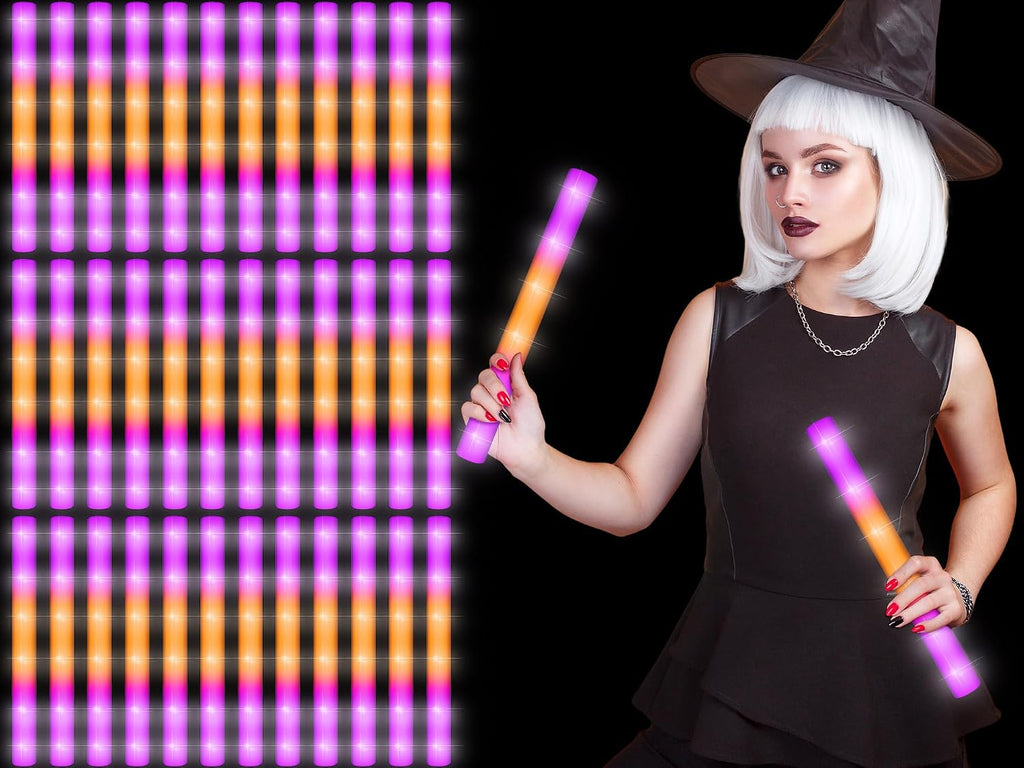 36 Pcs 16 Inch Halloween Glow Sticks Bulk LED Foam Sticks Orange and Purple Light up Party Favors Glow in the Dark Light Sticks with 3 Flashing Modes for Birthdays Weddings Raves Concerts