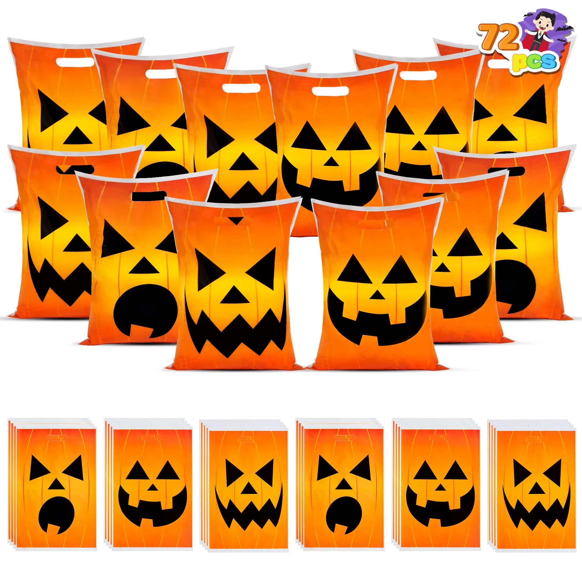 Joyfy 72 Pcs Halloween Trick or Treat Bags Large Halloween Treat Bags for Kids,Halloween Plastics Pumpkins Bags Orange Treat Bags Gift Bags