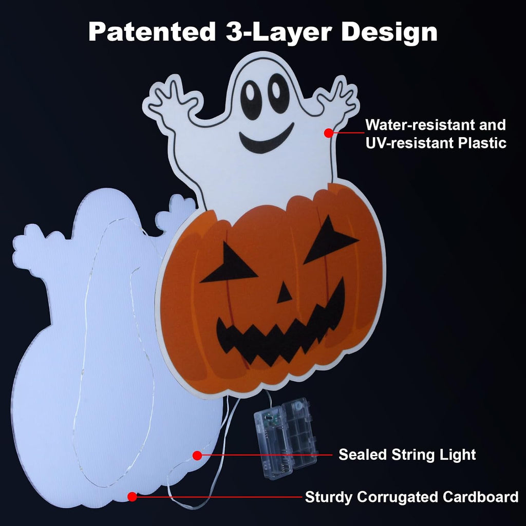 Halloween Decorations Outdoor Yard Signs - Lighted Pumpkin Ghost Stakes