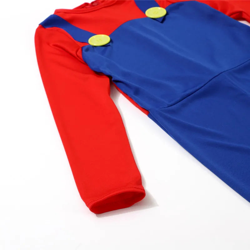 Game costume front view with blue overalls and red sleeves
