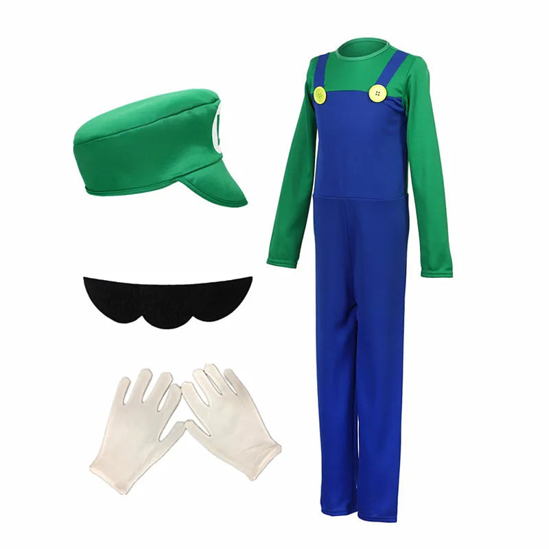 Game costume front view with green hat, blue overalls, gloves, and mustache
